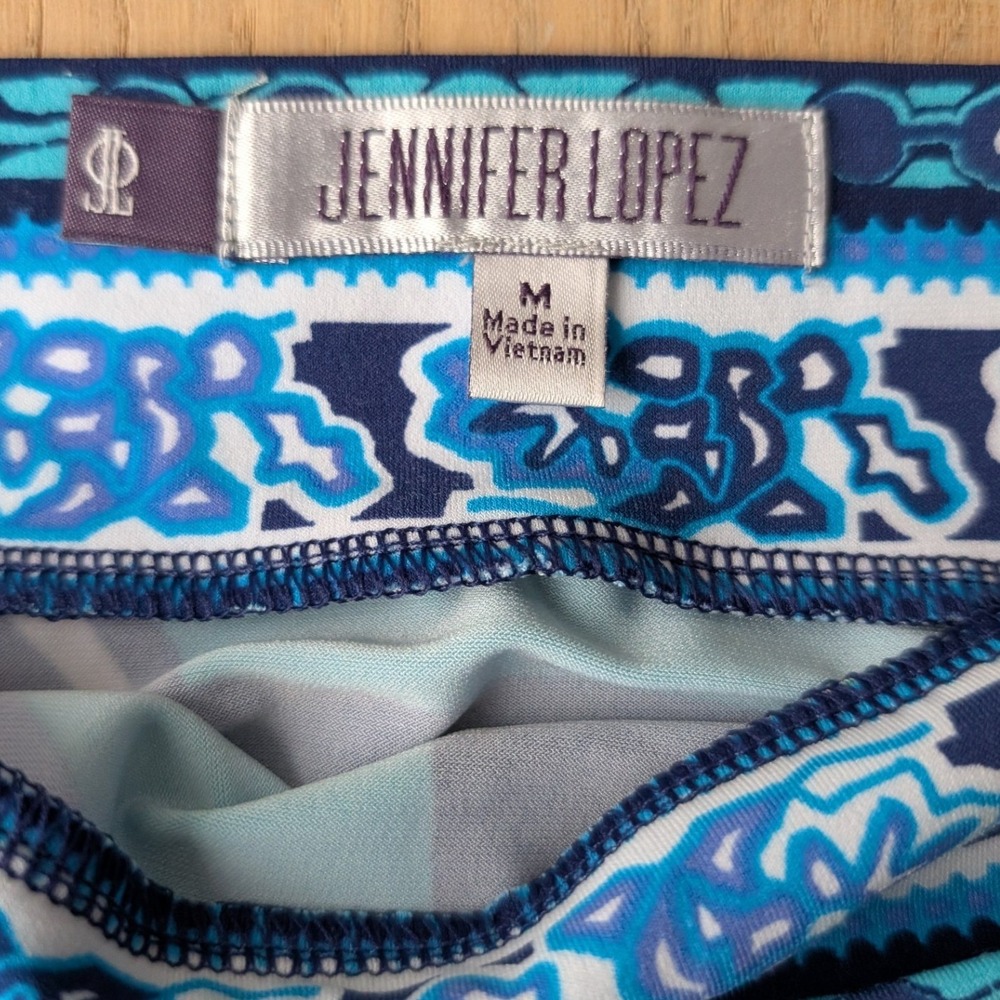 Jennifer Lopez Blue Green Paisley Boat Neck Mini Dress Elastic Waist Womens M - Picture 2 of 5